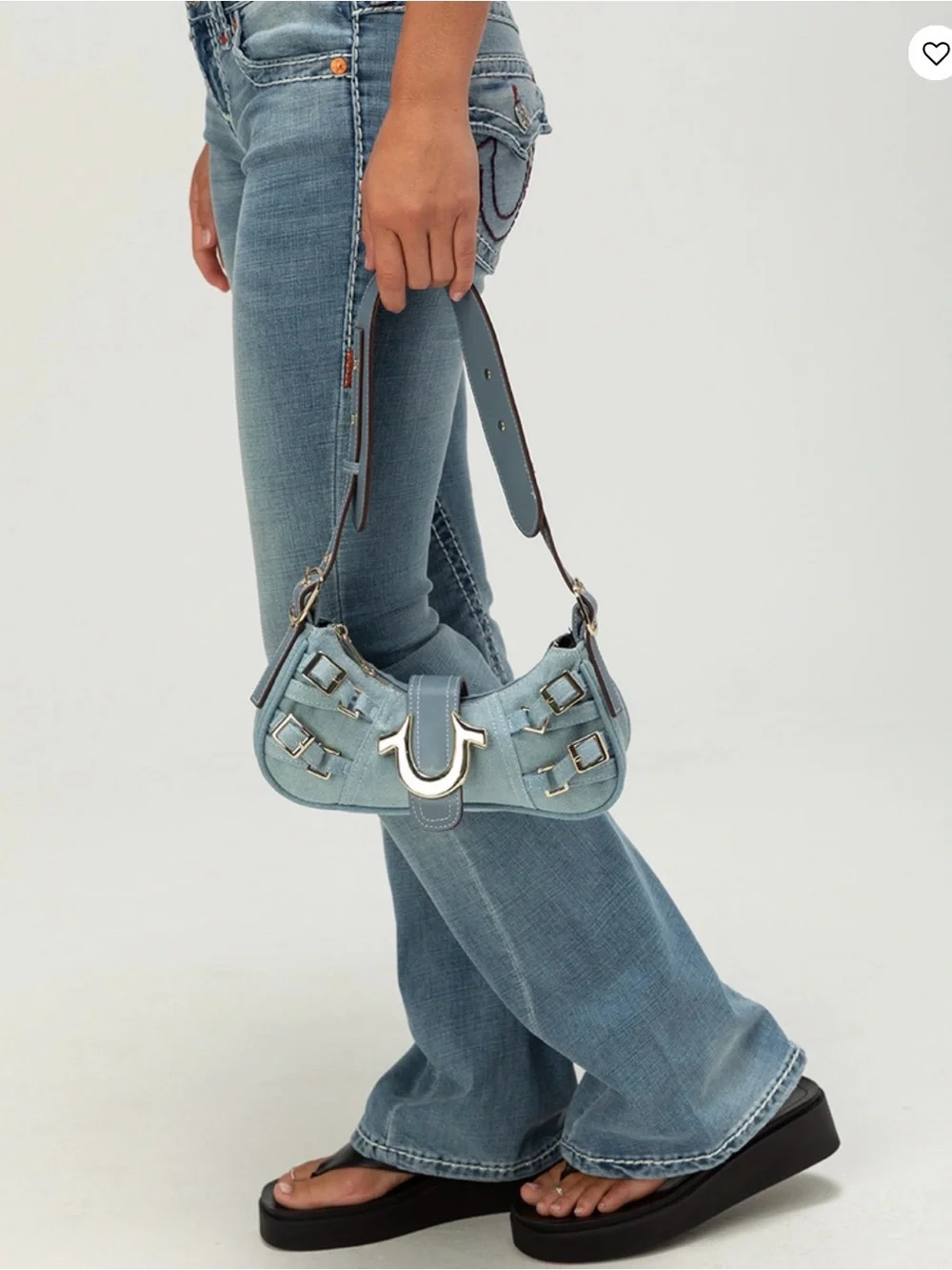 True Religion Light Gray Denim Shoulder Bag with Gold Hardware